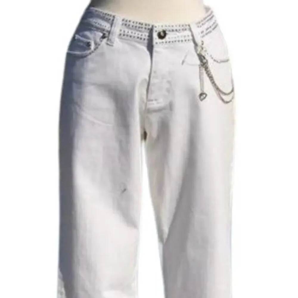 Cache White Denim Embellished Flare Jean Pant Rhinestone Chain Belt New $168 NWT - Picture 4 of 8